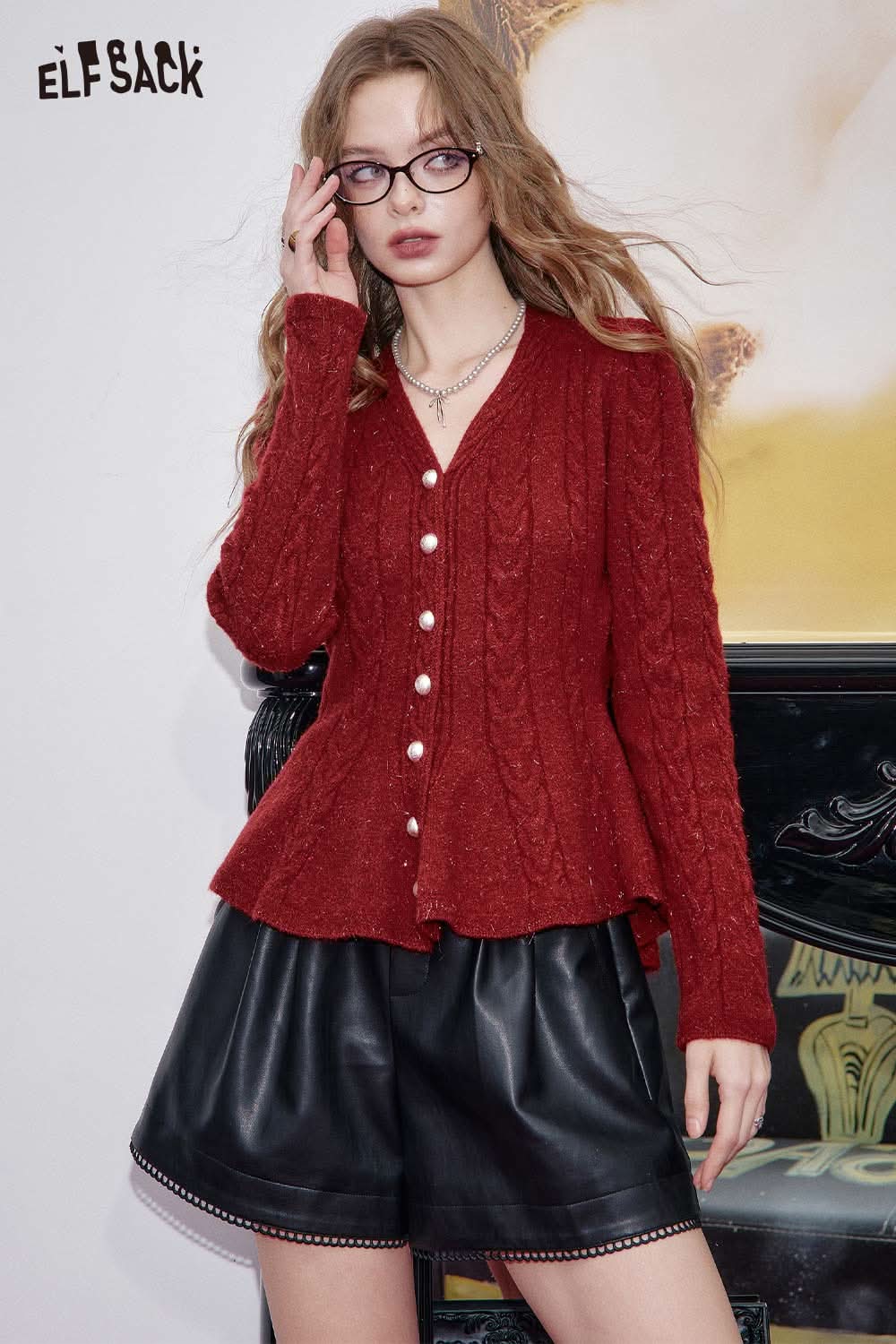 ELFSACK women's peplum knit sweater in burgundy with cable knit design and button detailing