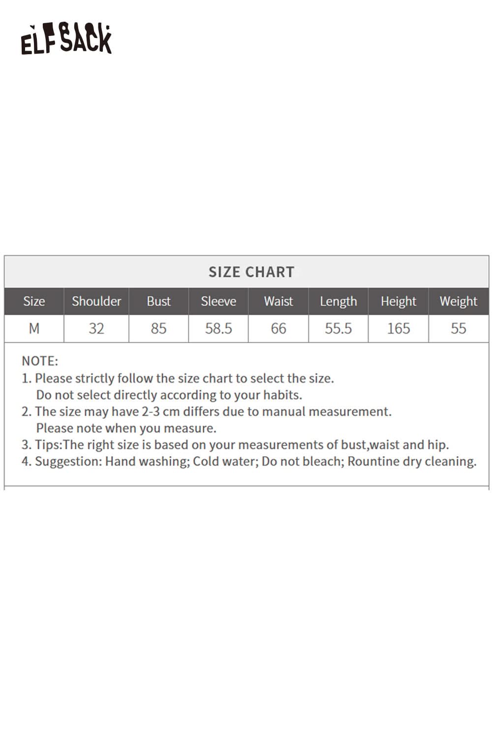 Size chart for ELFSACK women's peplum knit sweater with measurements for a perfect fit