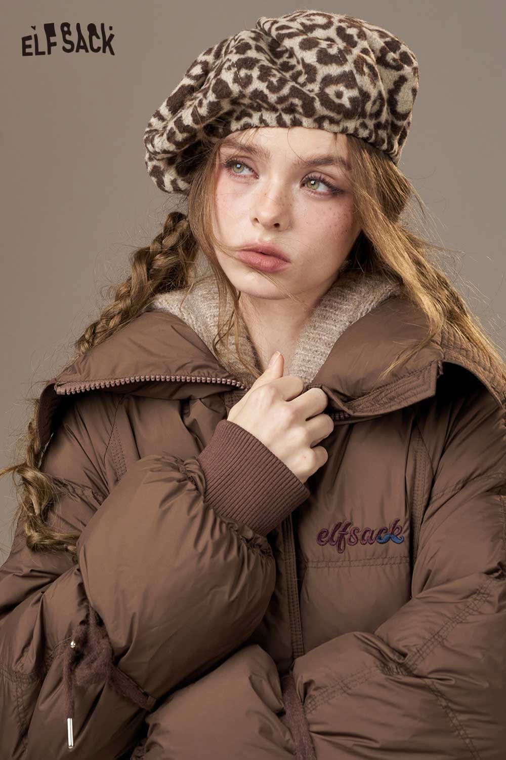 ELFSACK women's pink long down coat featuring a cozy design and stylish collar
