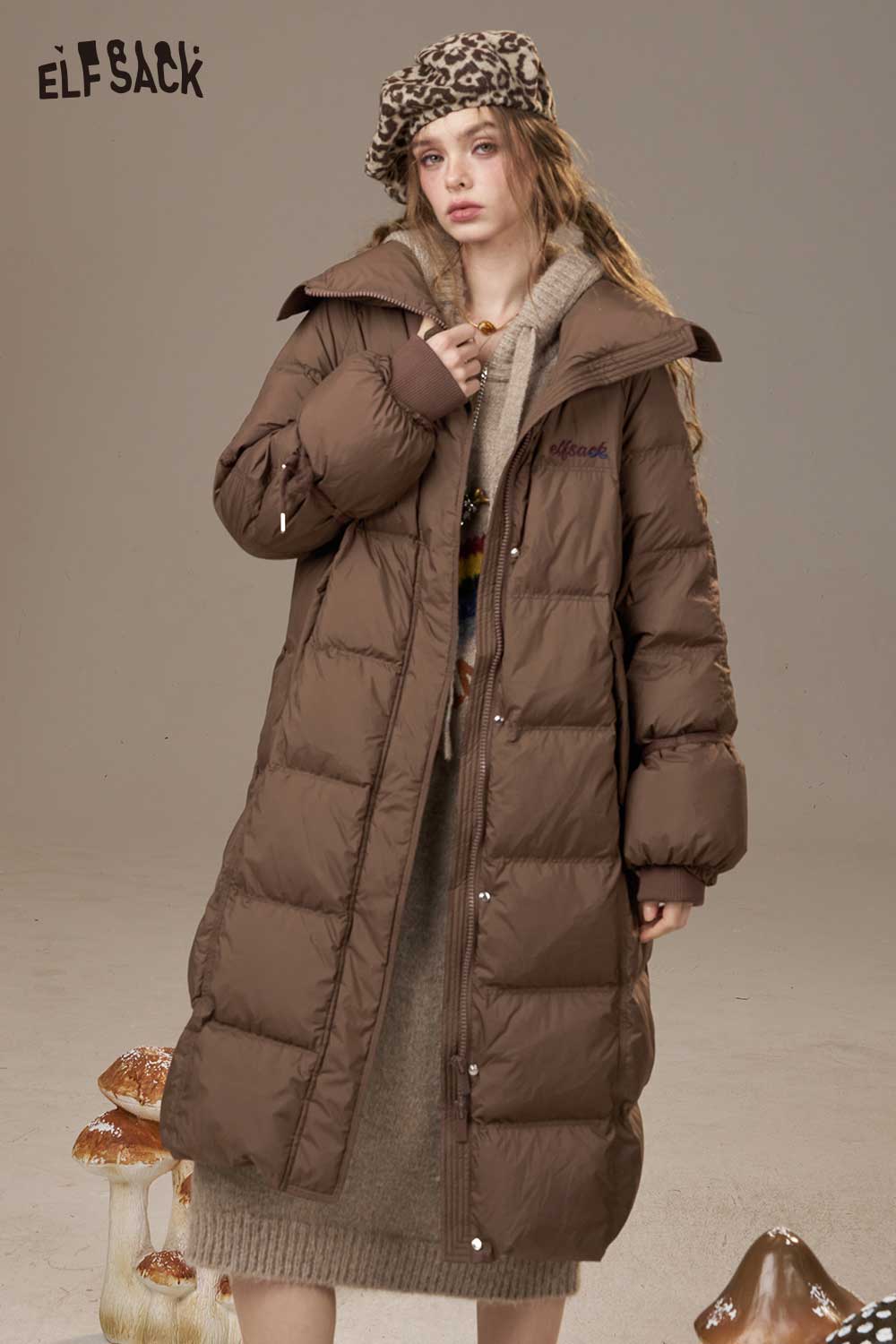 ELFSACK women's pink long down coat featuring a stylish silhouette for warmth and comfort