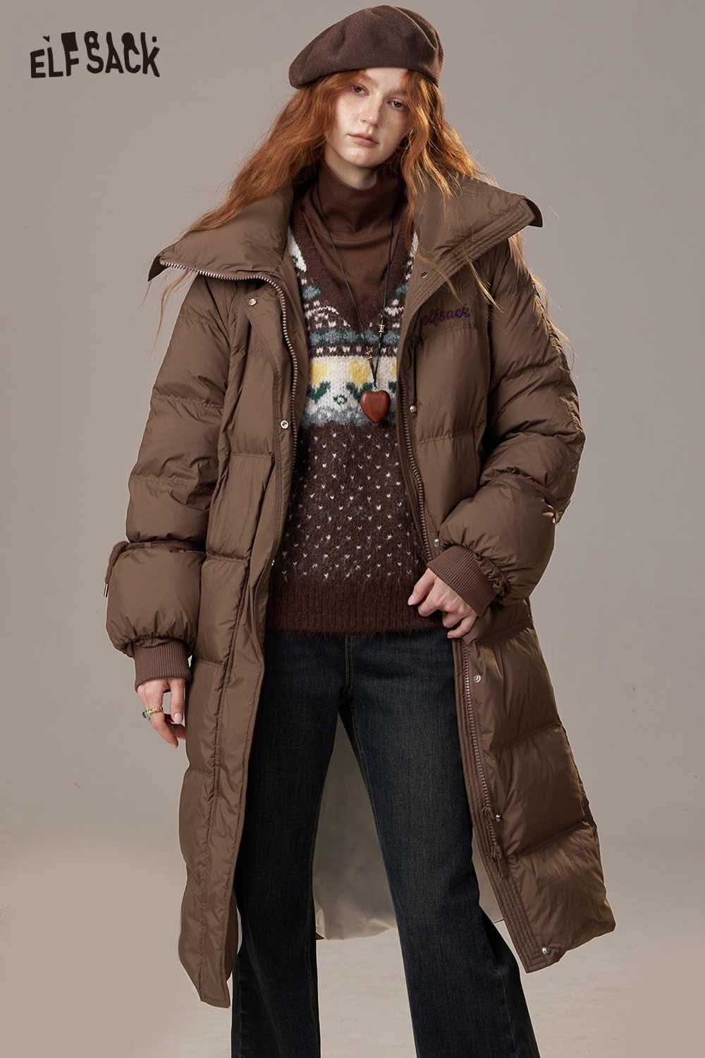 ELFSACK women's pink long down coat designed for warmth and style in cold weather