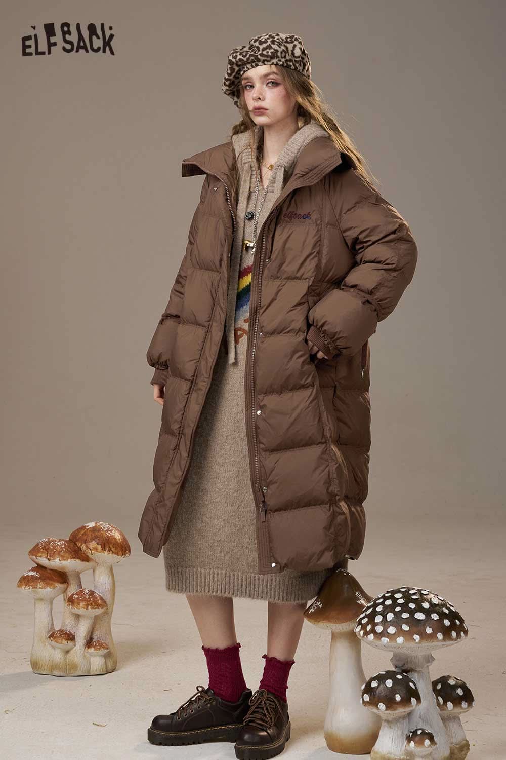 ELFSACK women's pink long down coat featuring a stylish design and cozy fit for winter fashion