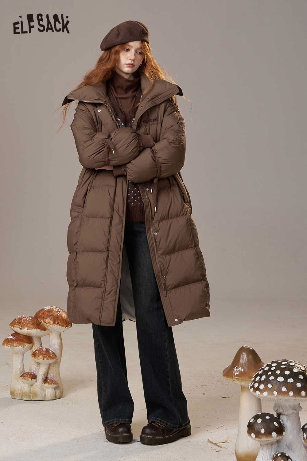 ELFSACK women's pink long down coat featuring a stylish design and comfortable fit for winter warmth