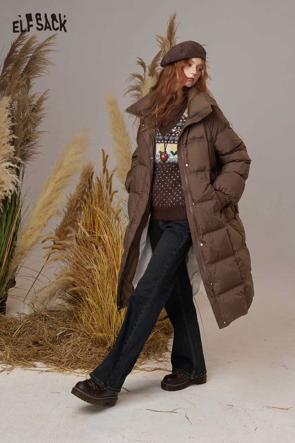 ELFSACK women's pink long down coat with stylish design, perfect for winter warmth
