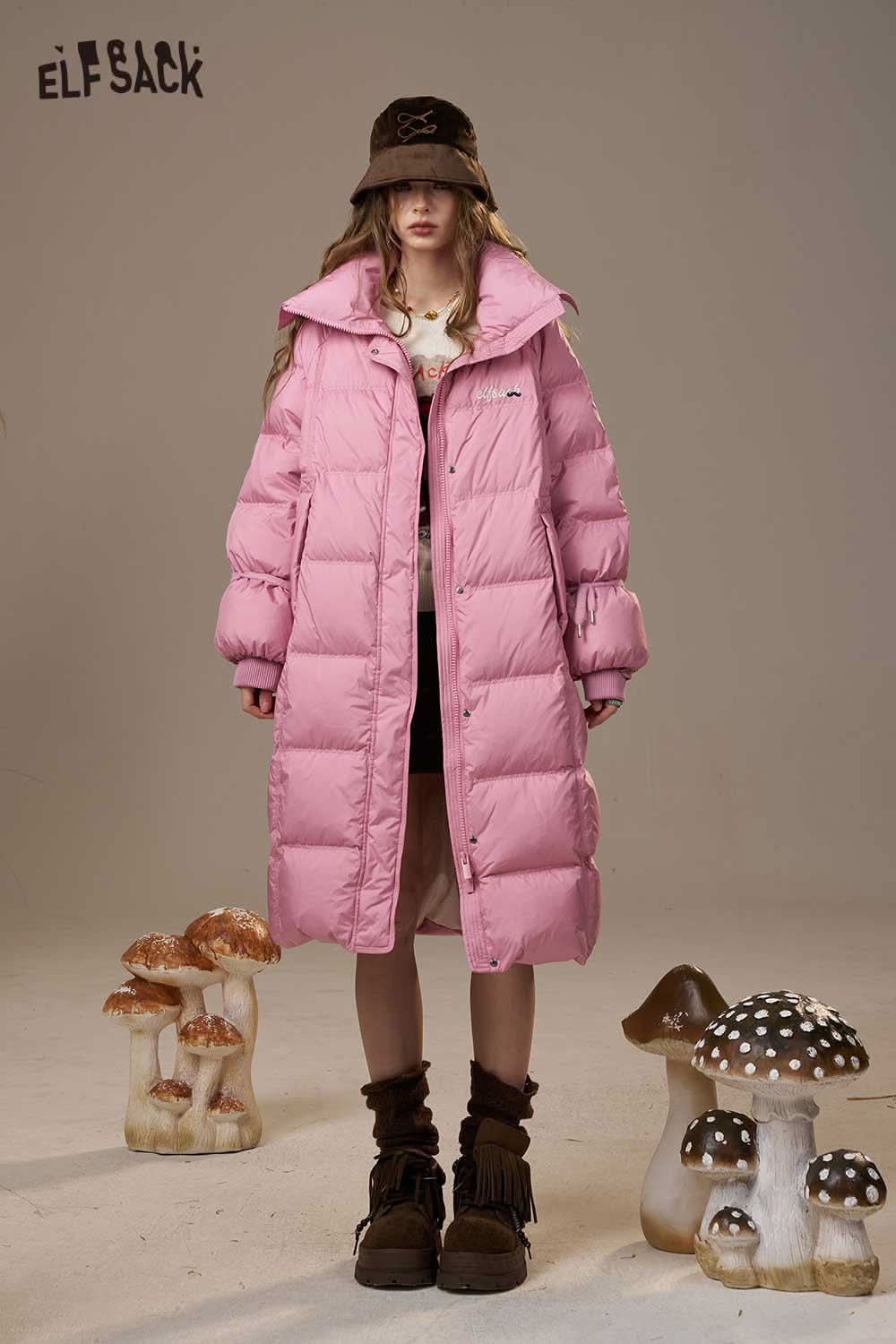 ELFSACK women's pink long down coat with a stylish design for warmth and comfort during winter
