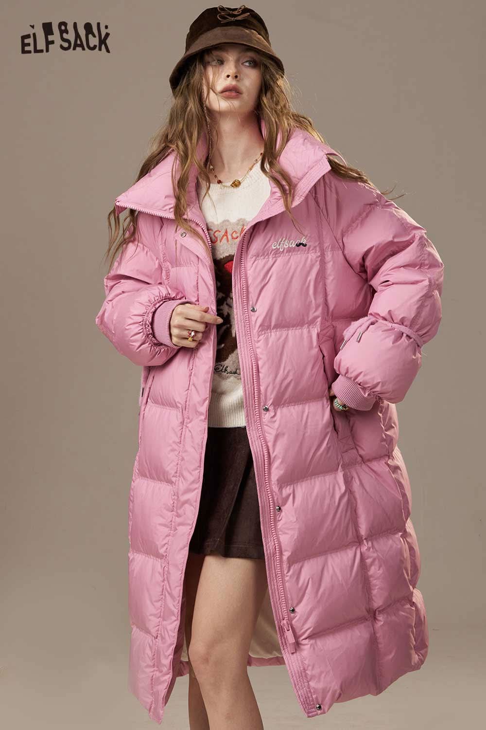 ELFSACK women's pink long down coat with a stylish oversized fit and warm insulation