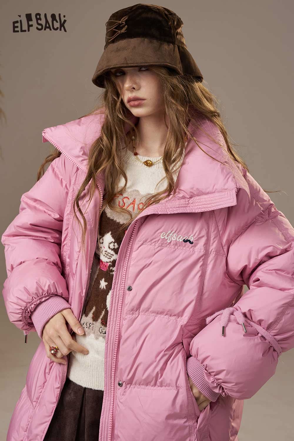 ELFSACK women's pink long down coat with oversized fit and cozy design for added warmth