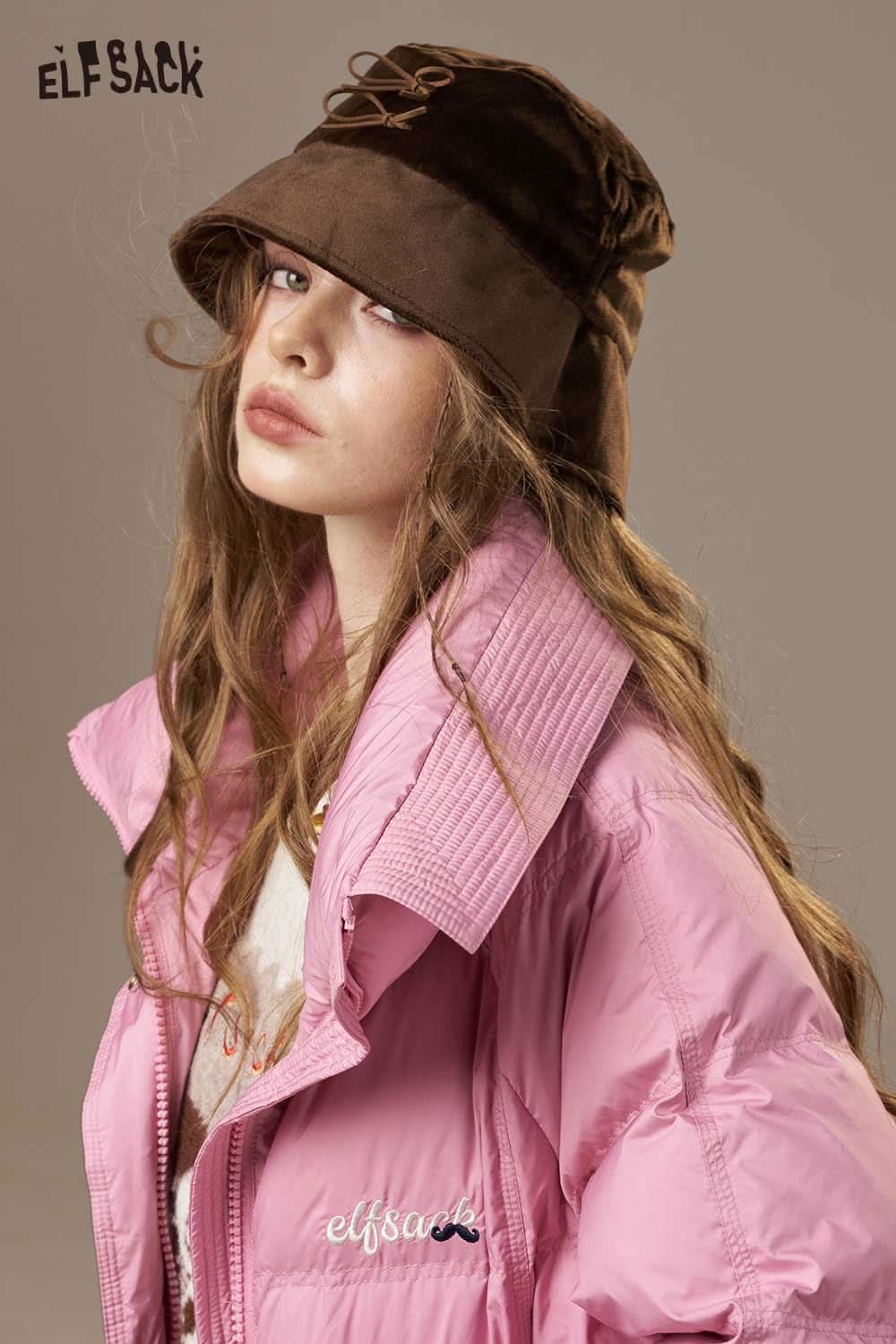 Stylish model wearing a women's pink long down coat with a chic brown bucket hat from ELFSACK