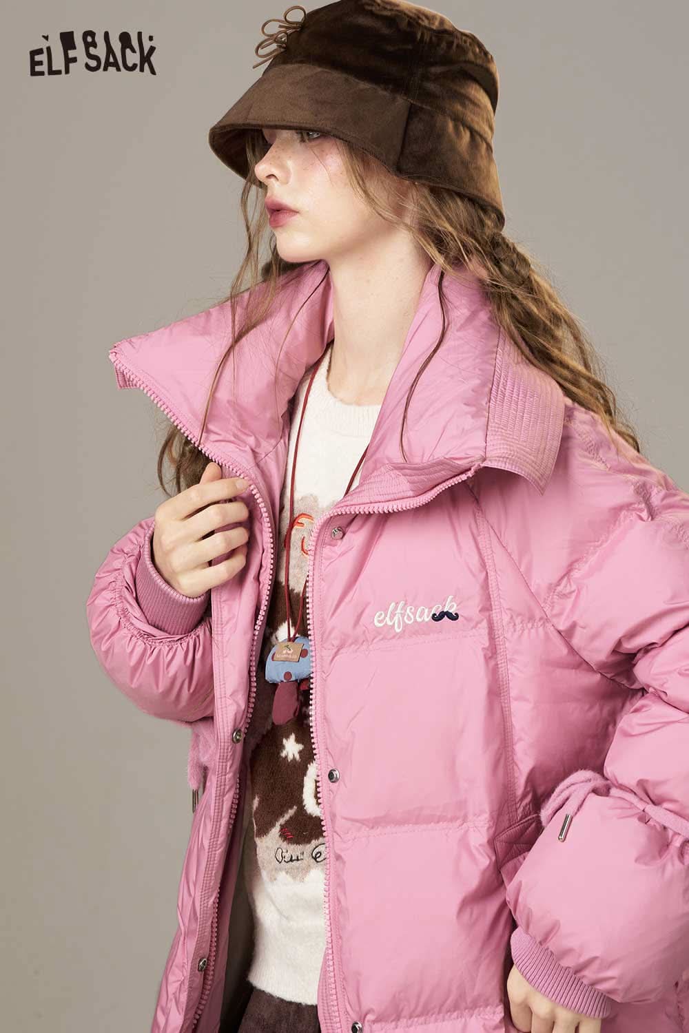 ELFSACK women's pink long down coat with a stylish collar and cozy fit for winter warmth