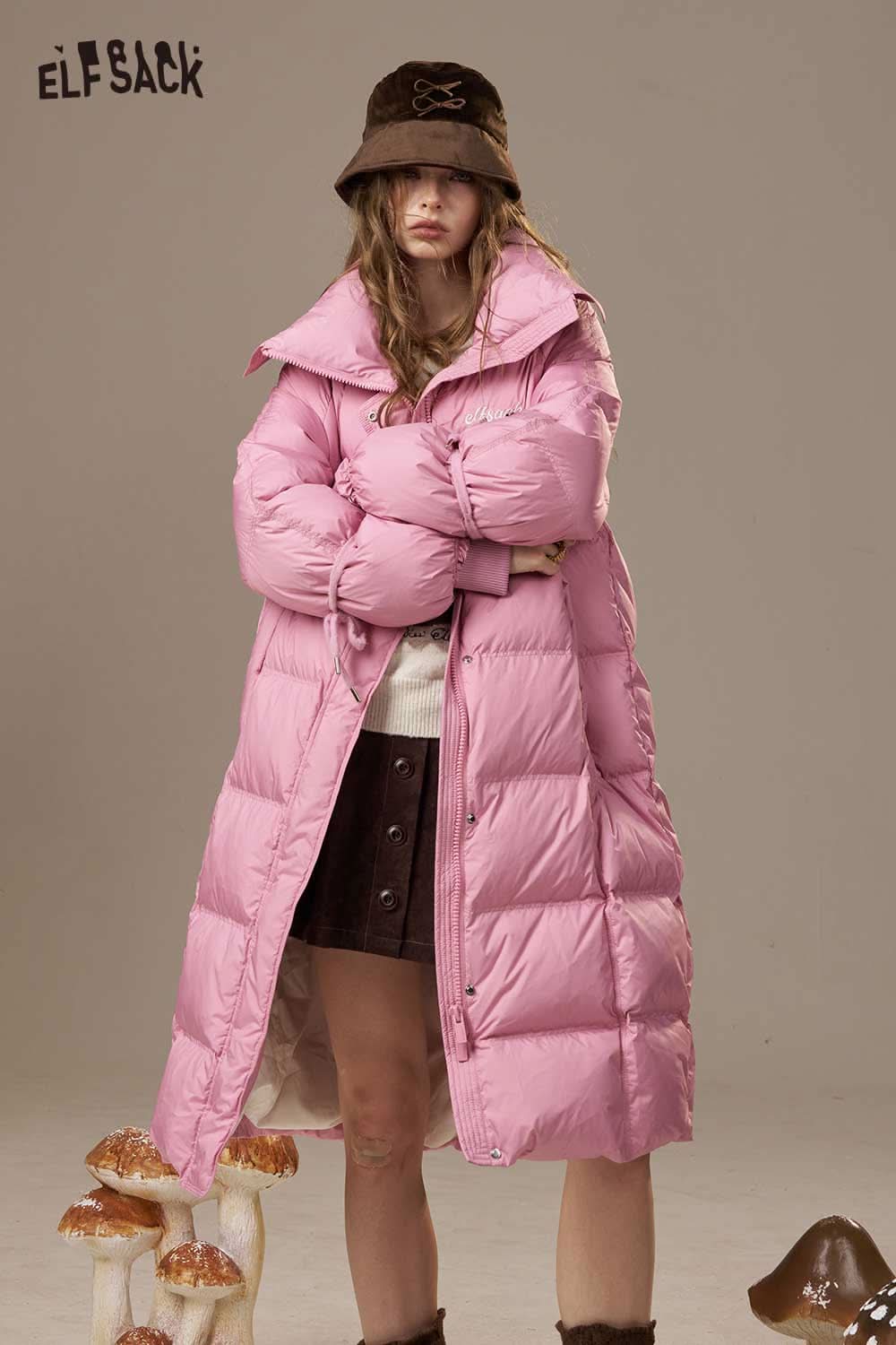 ELFSACK women's pink long down coat with a cozy oversized fit and stylish design