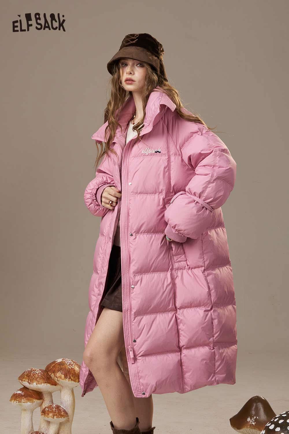 ELFSACK women's pink long down coat with oversized fit for warmth and style during winter