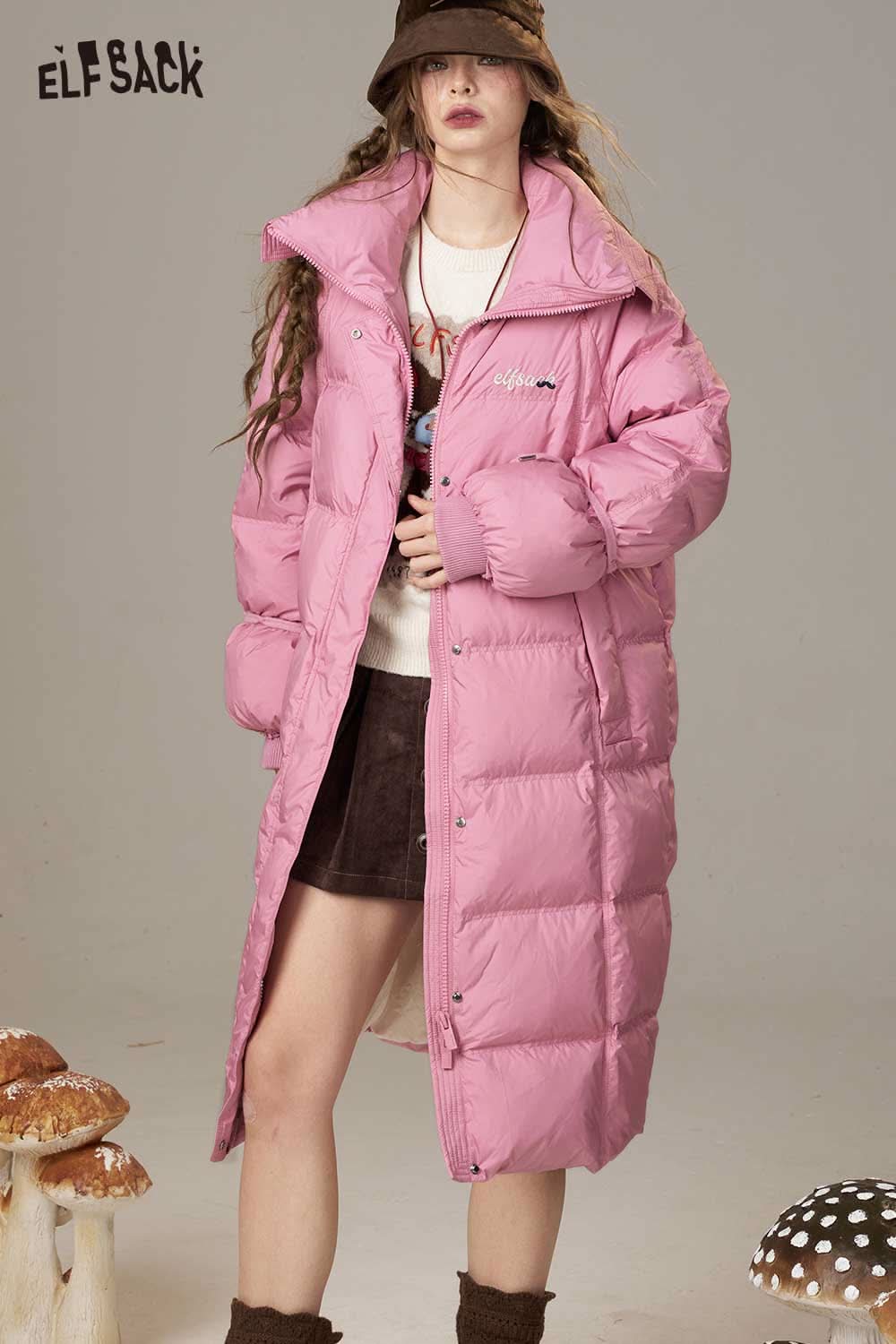 ELFSACK women's pink long down coat with a stylish oversized fit and button closure