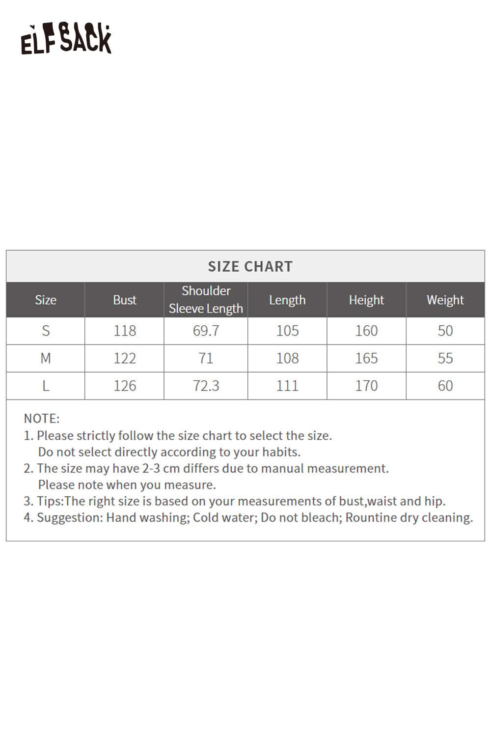 Size chart for ELFSACK women's pink long down coat with measurements for S, M, and L sizes