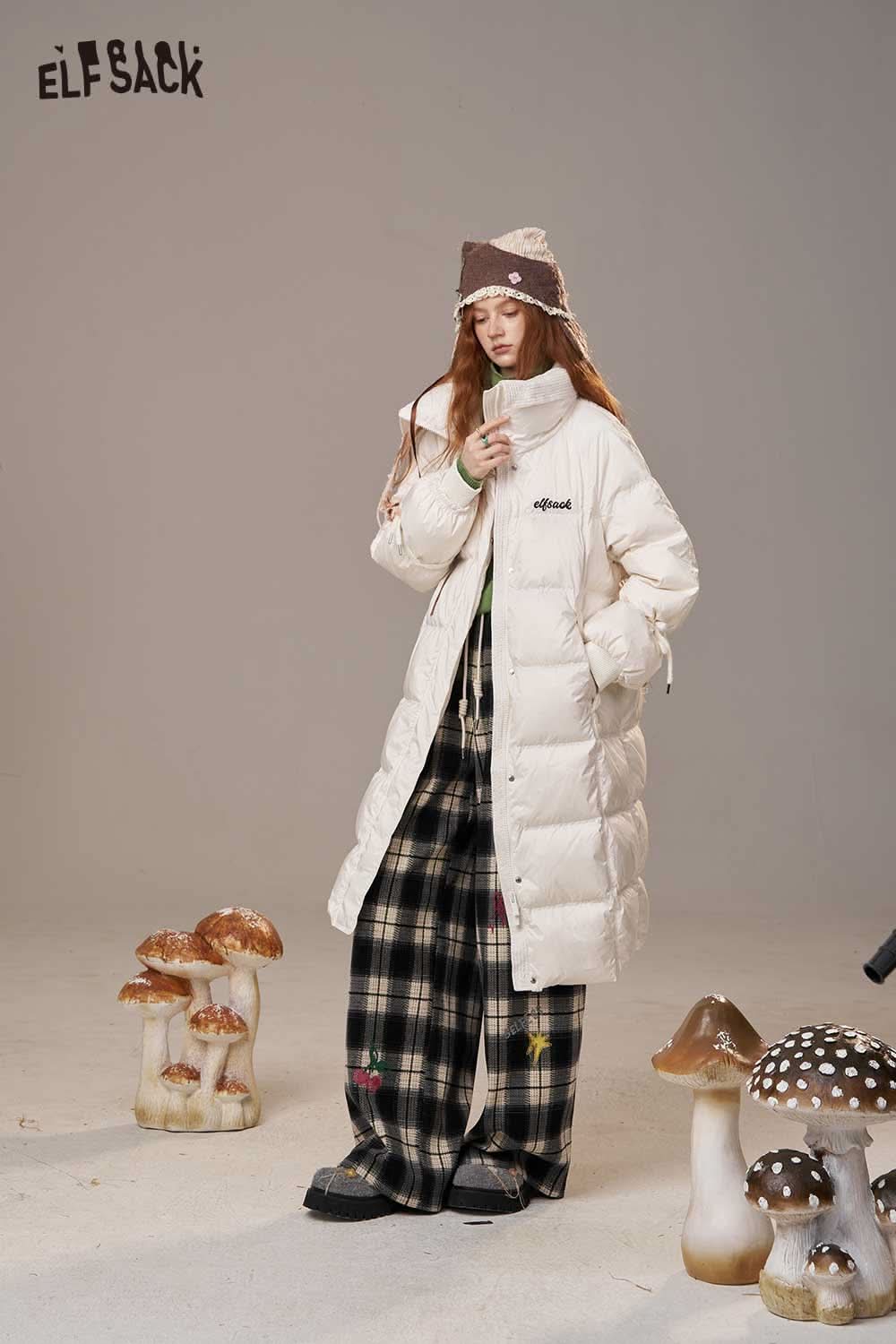ELFSACK women's pink long down coat featuring a stylish design and warm insulation for winter comfort