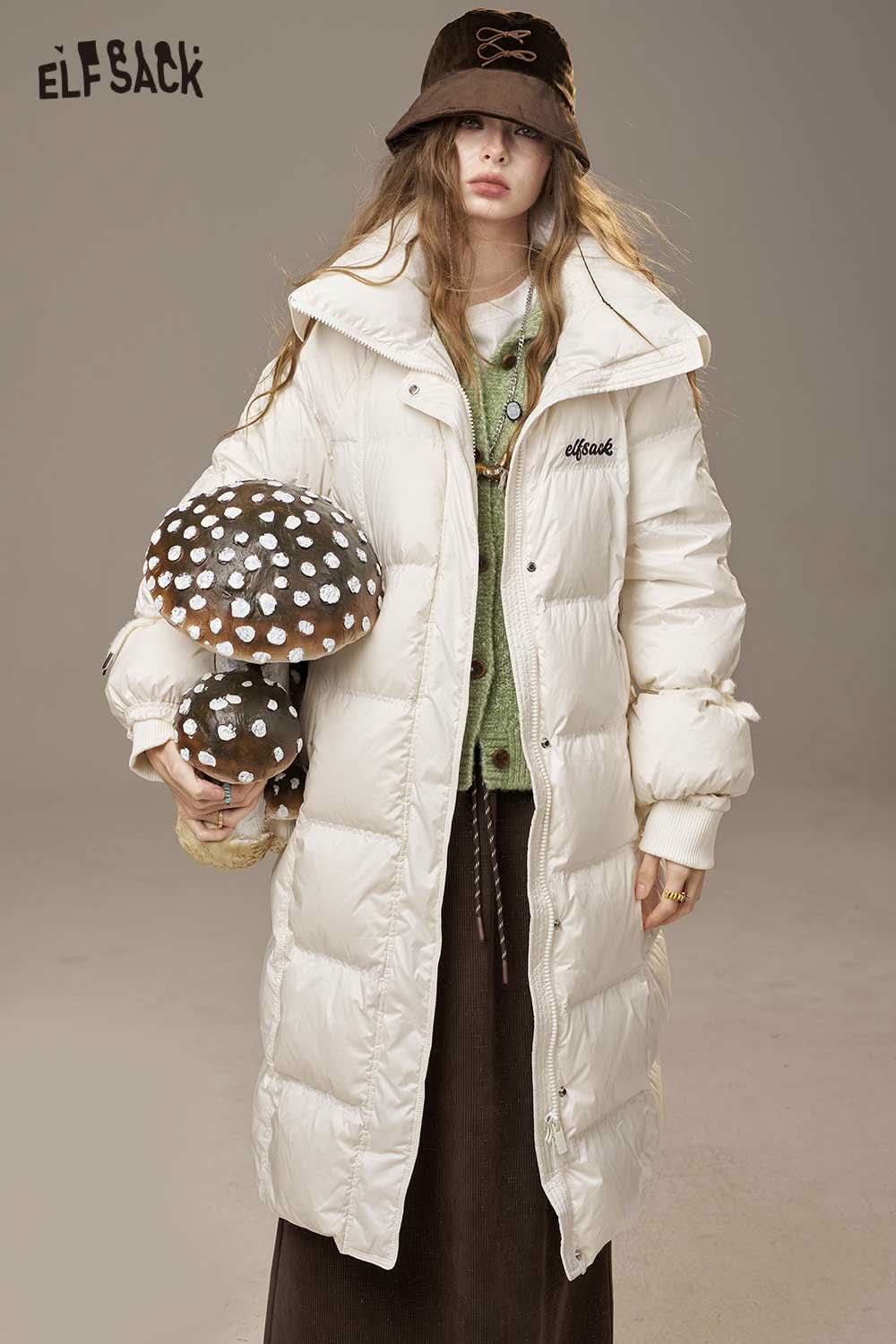 ELFSACK women's pink long down coat with a stylish design for winter outerwear