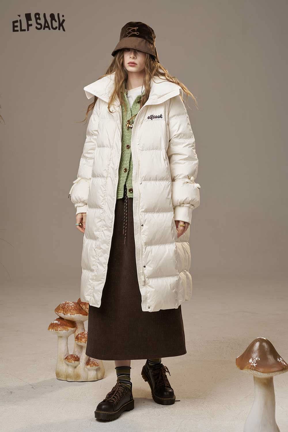 ELFSACK women's pink long down coat with a stylish oversized collar for winter warmth