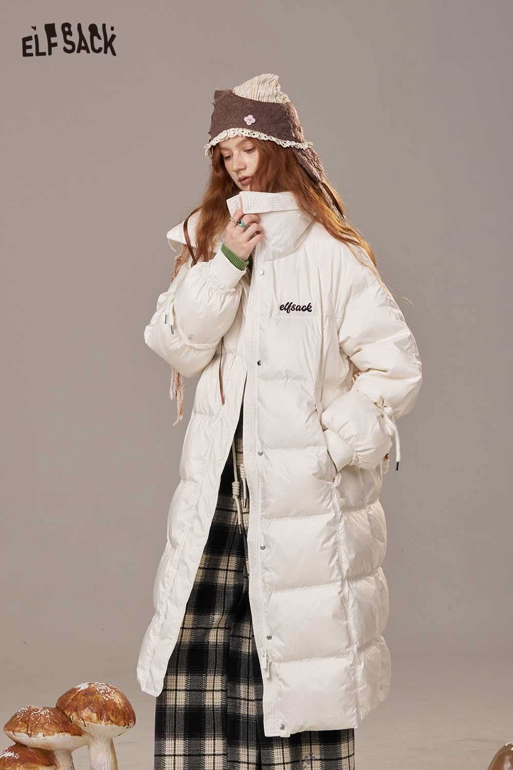 ELFSACK women's pink long down coat designed for warmth and style with a unique puffer silhouette