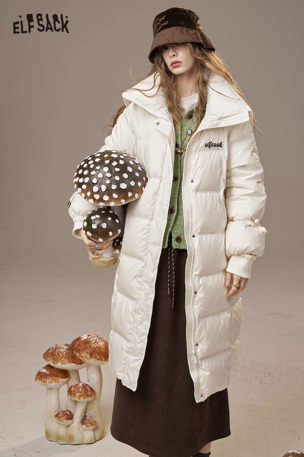 ELFSACK women's pink long down coat with stylish oversized design for winter warmth