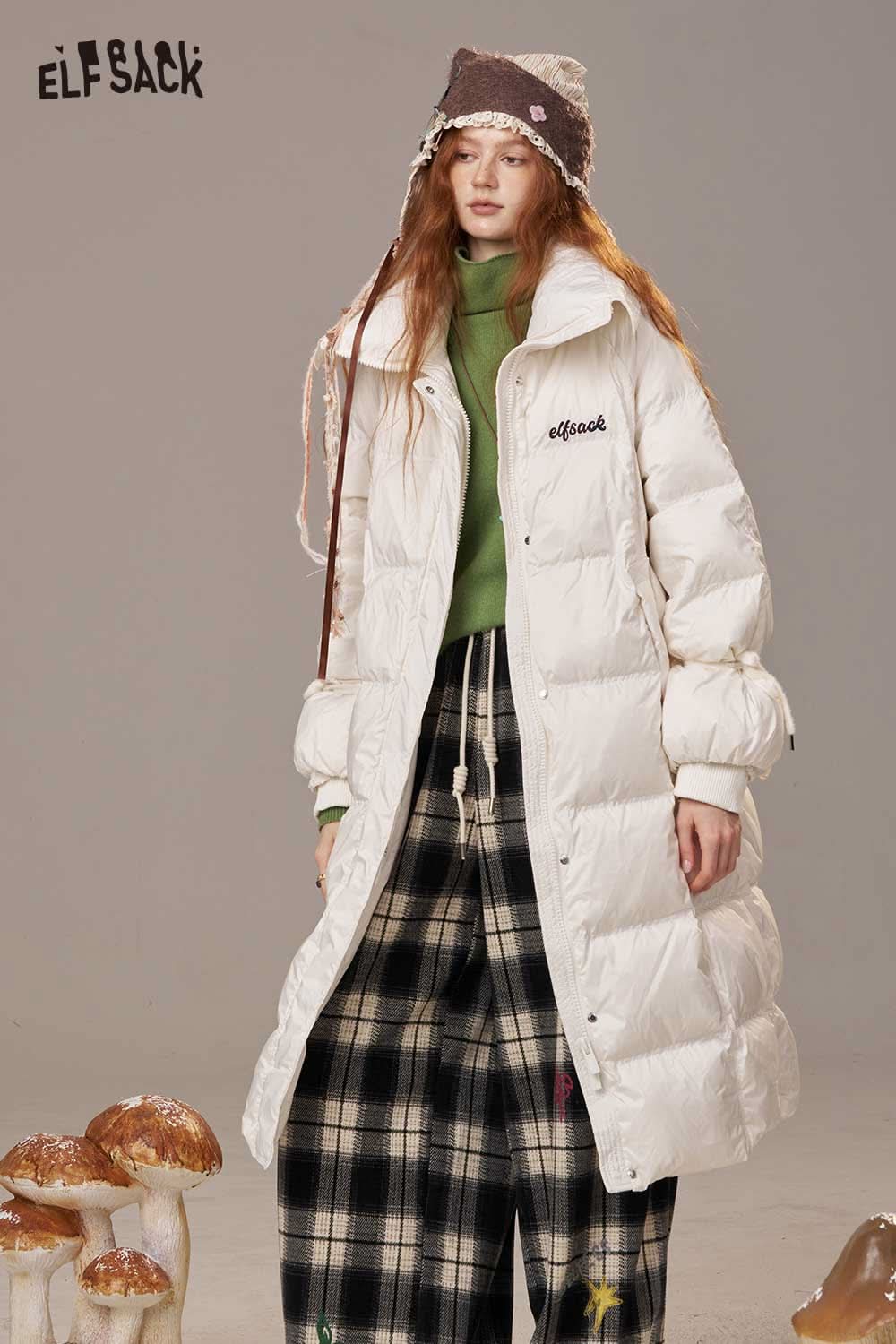 ELFSACK women's pink long down coat featuring a cozy design and stylish silhouette