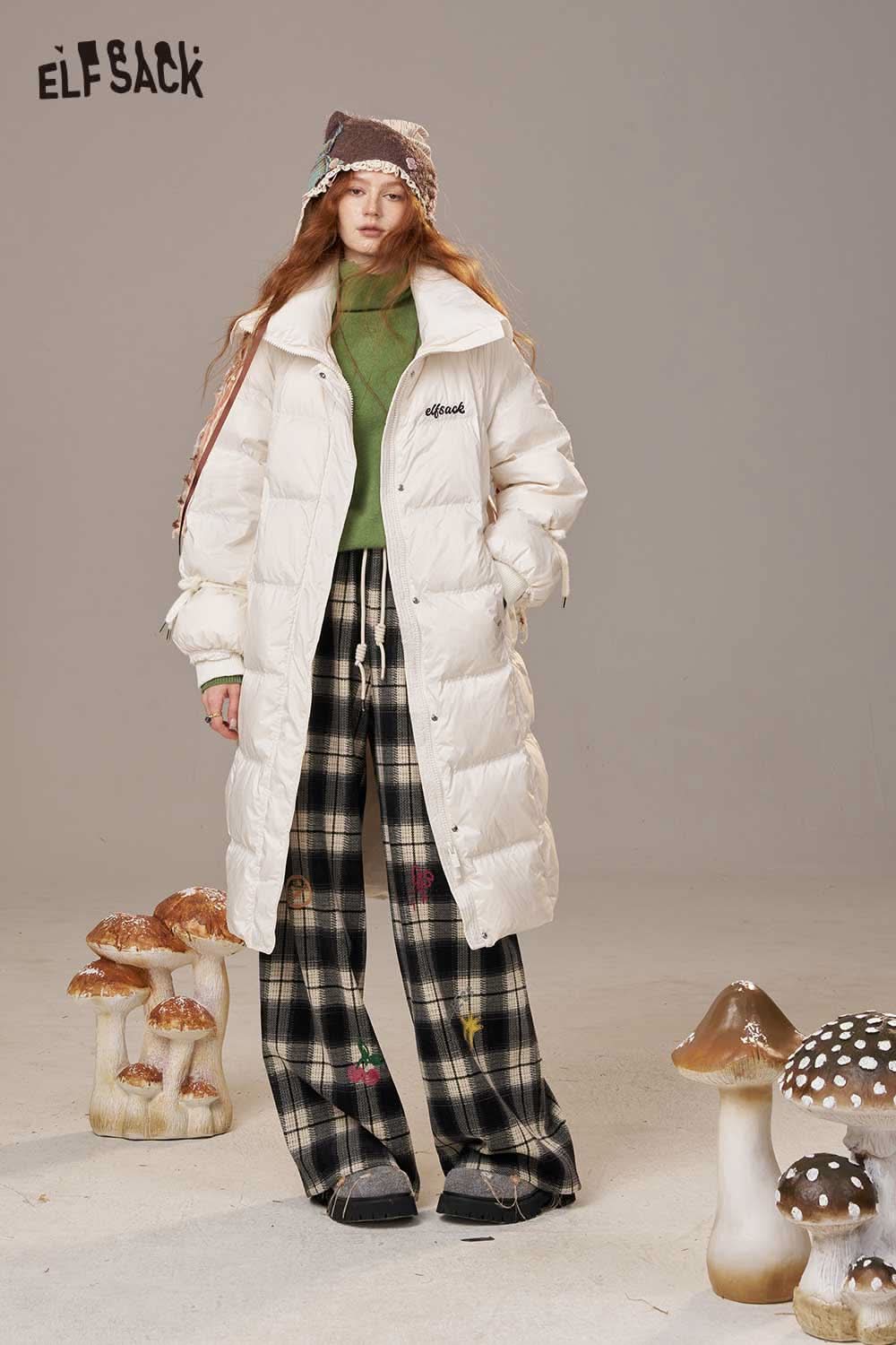 ELFSACK women's pink long down coat featuring a stylish design for warmth and comfort.