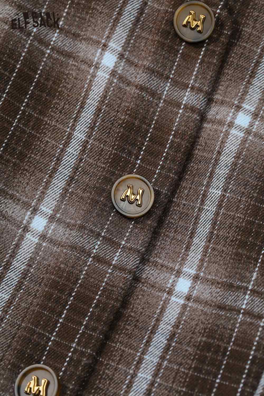 Close-up of ELFSACK women's plaid button long dress set showcasing elegant fabric and button details