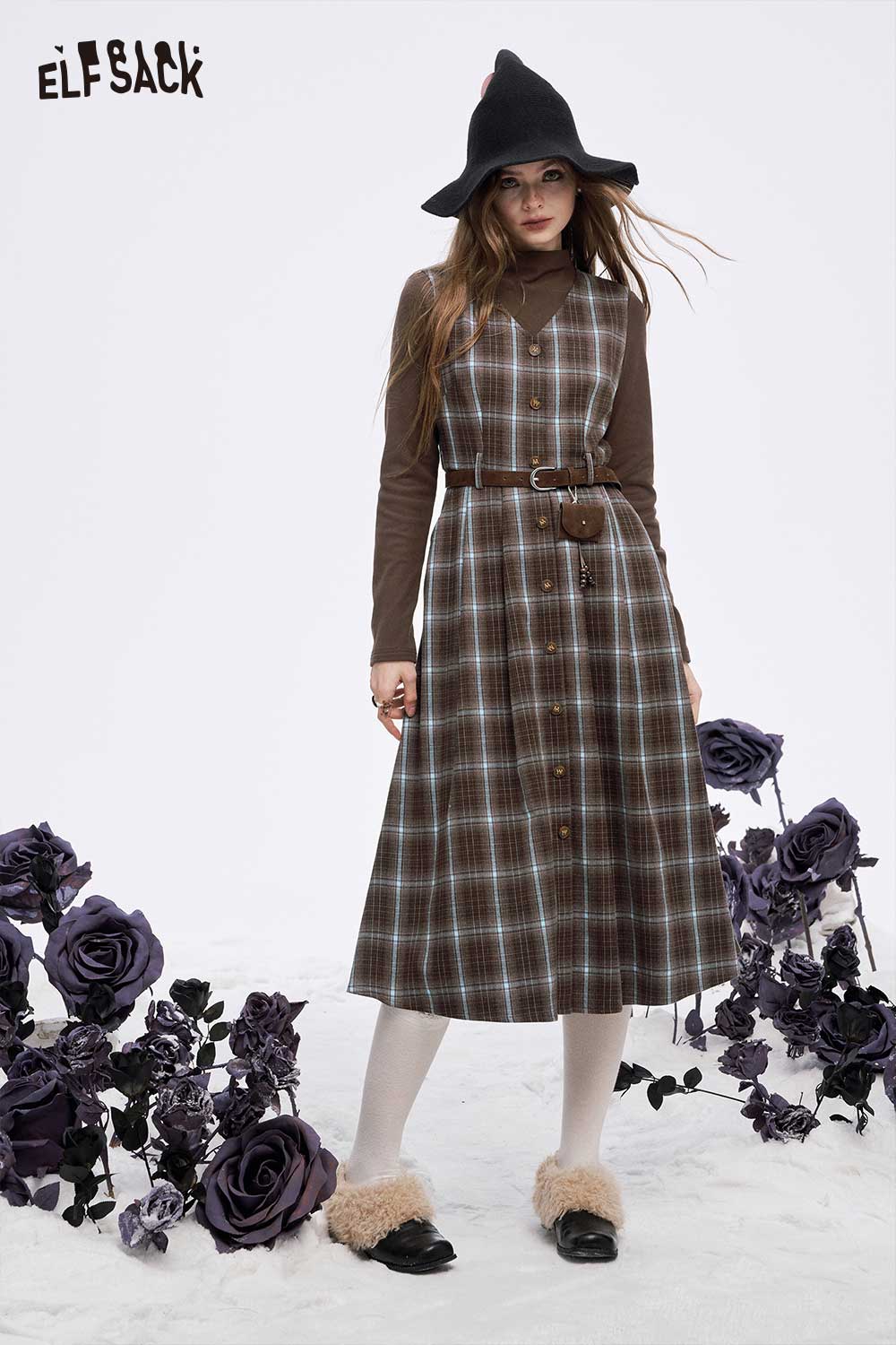 ELFSACK women's plaid button long dress set featuring a stylish belt and long sleeves