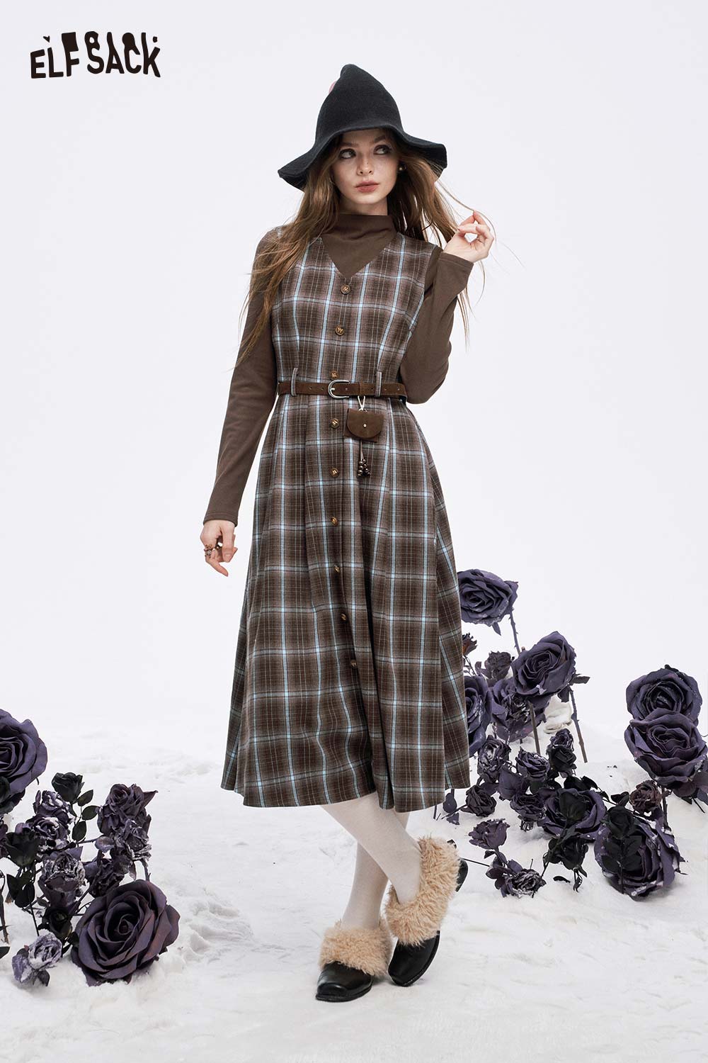 ELFSACK women's plaid button long dress set with belted waist and long sleeves for stylish fall fashion