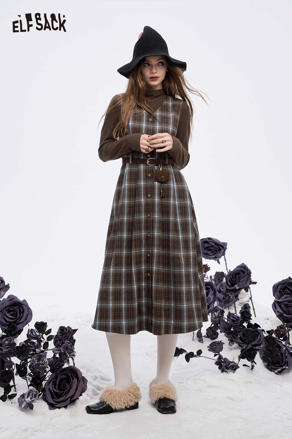 ELFSACK women's plaid button long dress set with a brown top and stylish design for a chic look