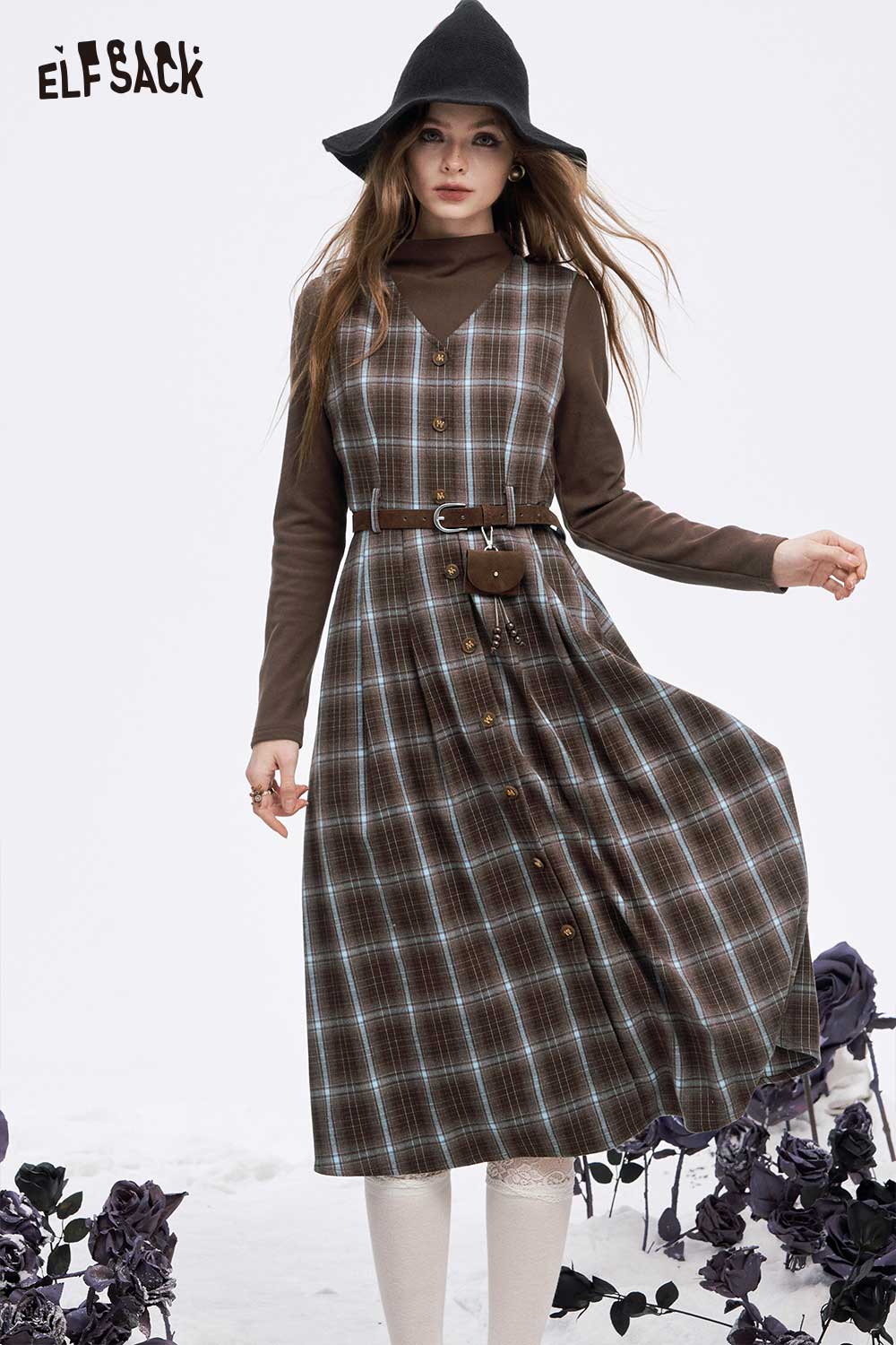 ELFSACK women's plaid button long dress set featuring a stylish belted design and layered look