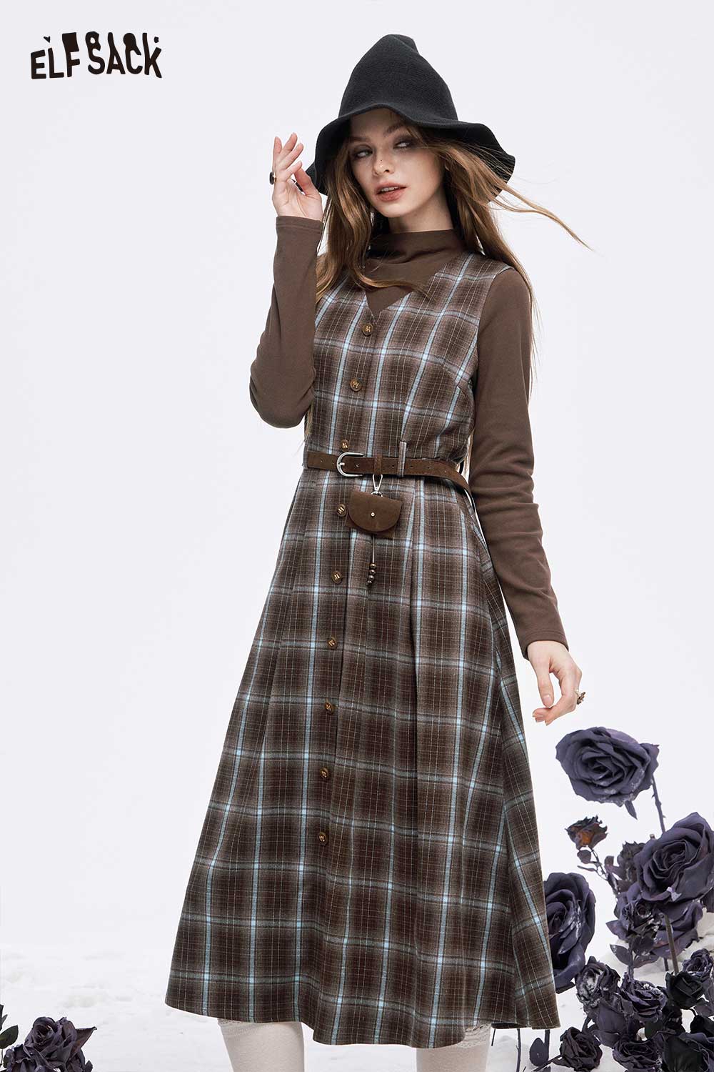 ELFSACK women's plaid button long dress set with a stylish belt and layered look for a chic outfit