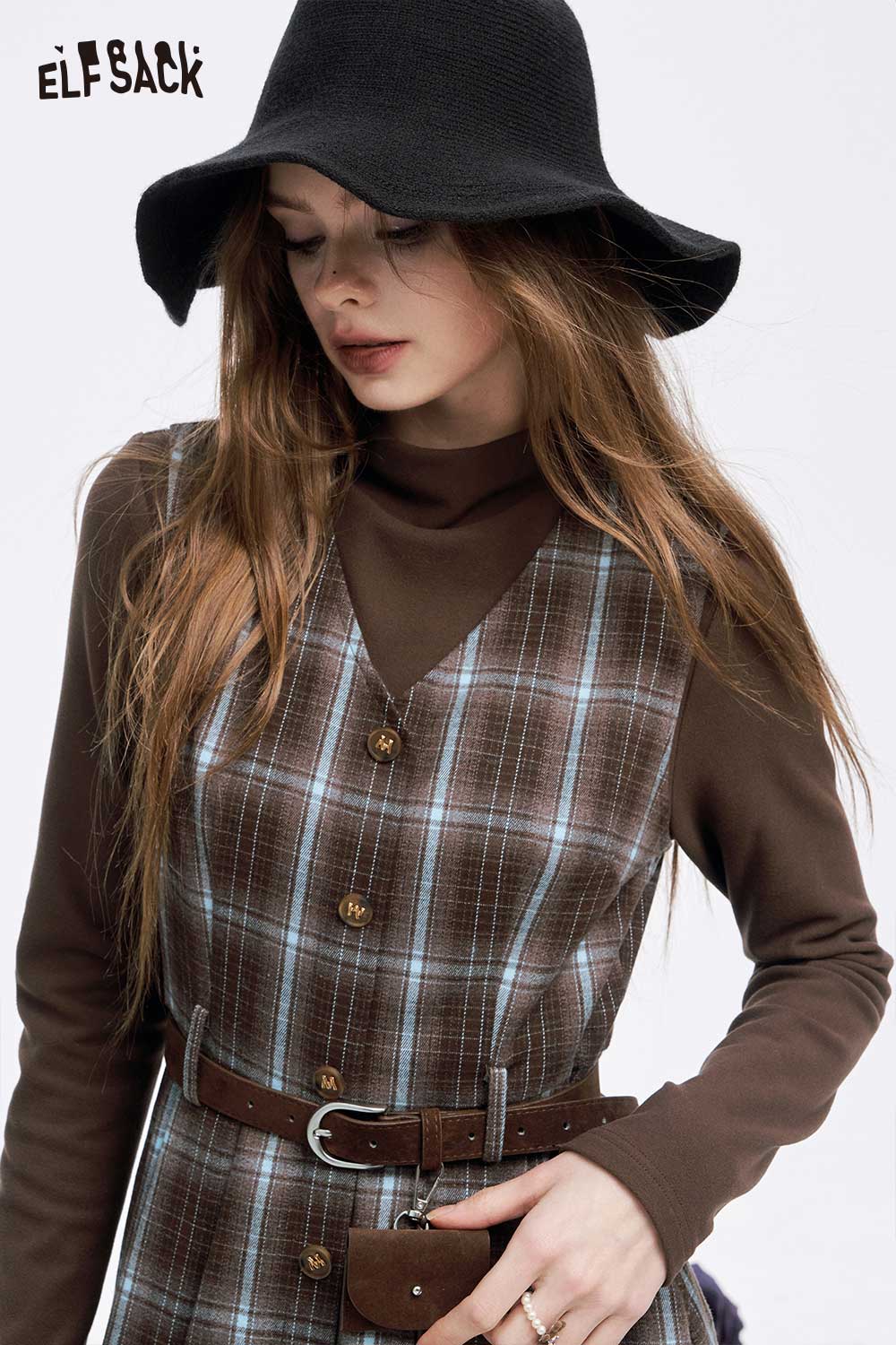 ELFSACK women's plaid button long dress set with a stylish brown turtleneck and matching belt