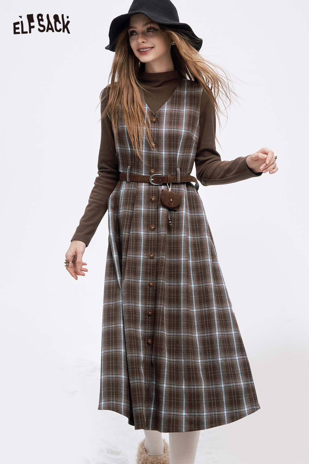 ELFSACK women's plaid button long dress set with a belted design and layered brown top for stylish fall looks
