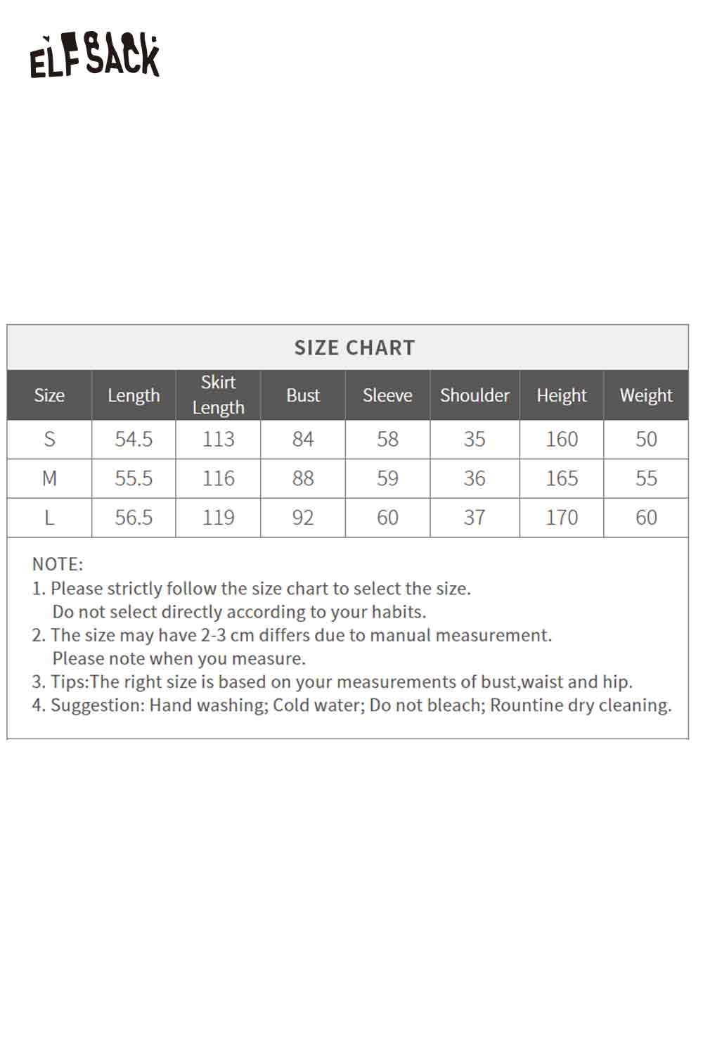Size chart for ELFSACK women's plaid button long dress set with measurements for small, medium, and large