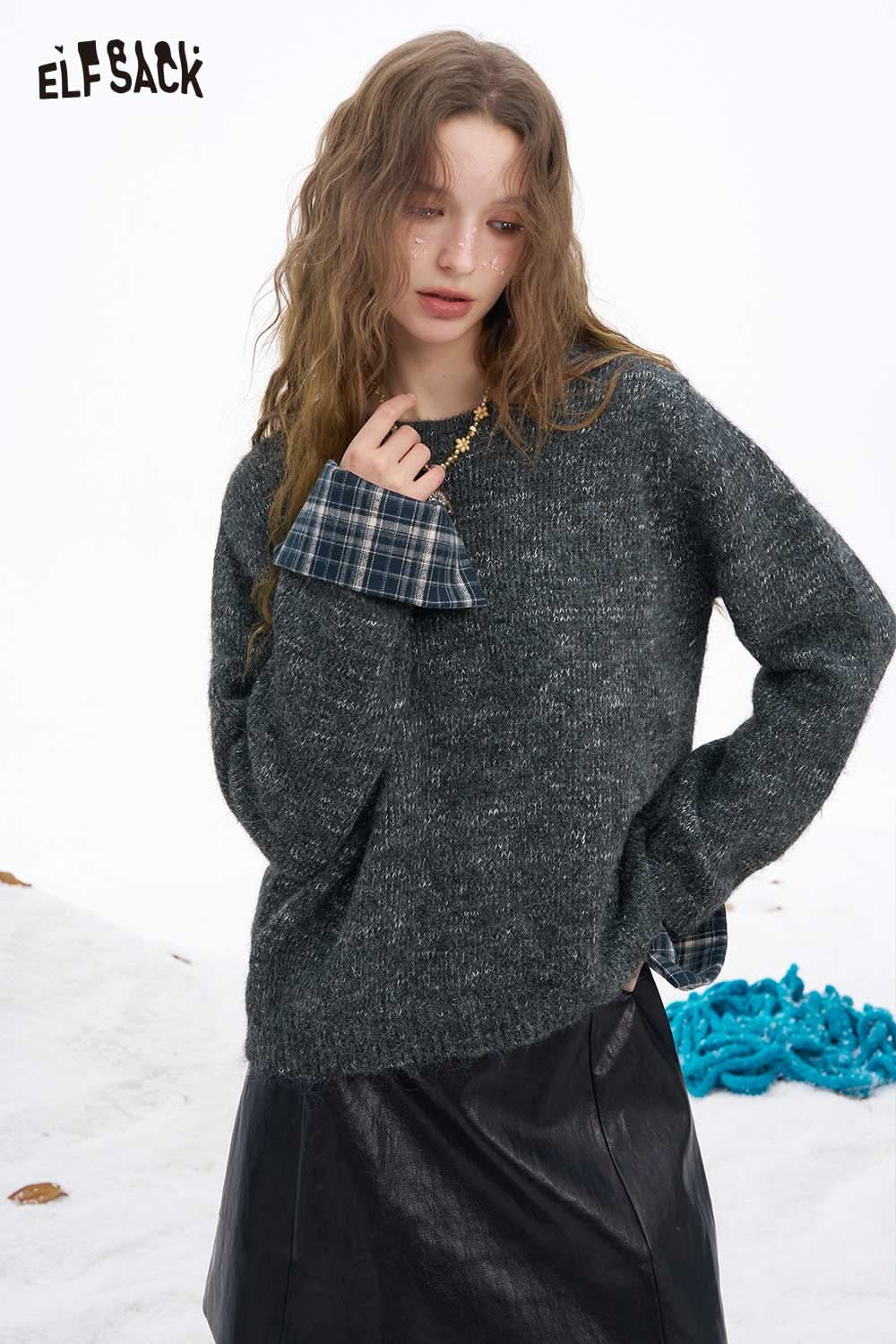 Women's plaid cuff sweater from ELFSACK featuring a cozy, stylish design with trendy plaid detailing