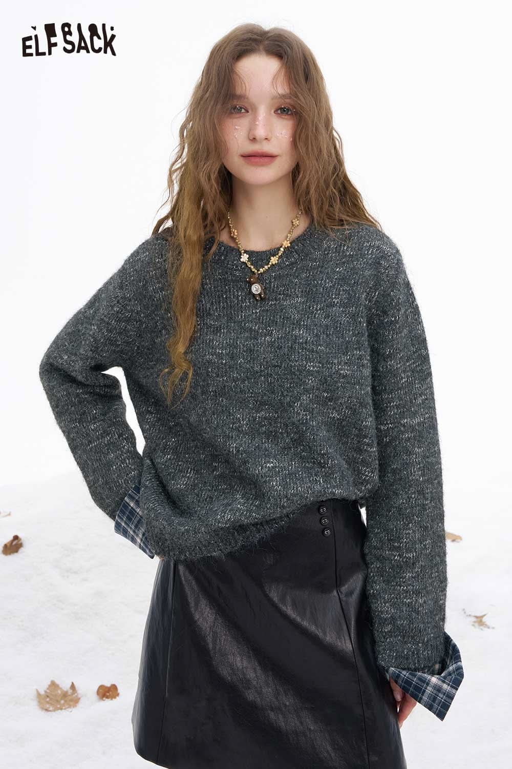 ELFSACK women's plaid cuff sweater featuring a cozy knit design and stylish plaid detailing at the cuffs