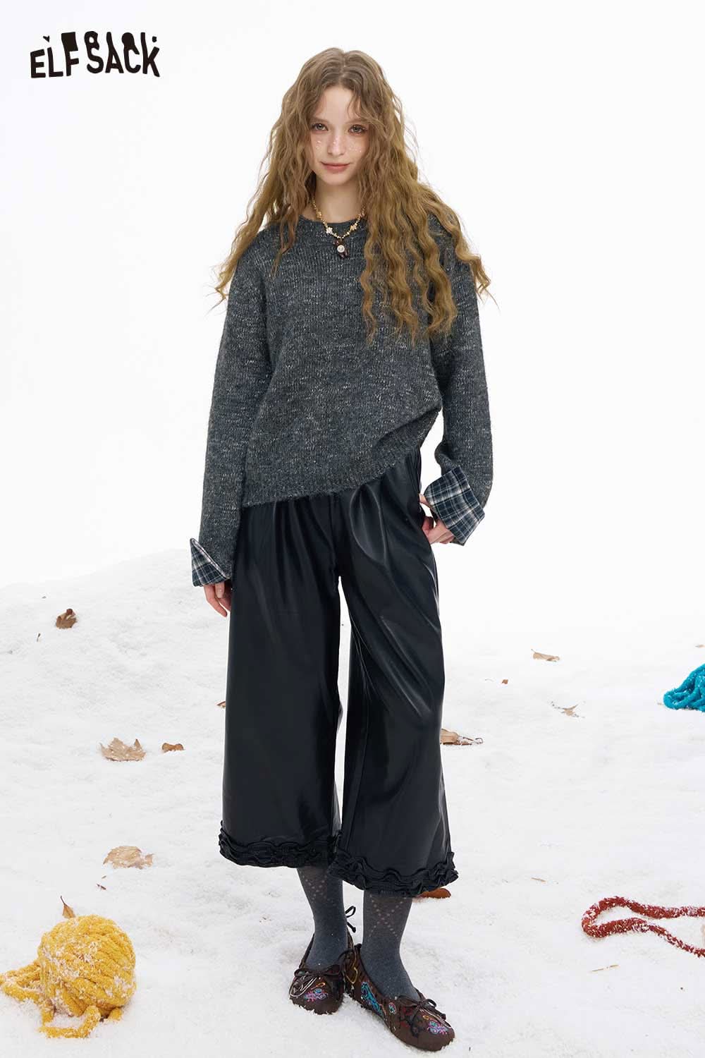 ELFSACK women's plaid cuff sweater in dark gray with stylish plaid cuffs for a trendy look