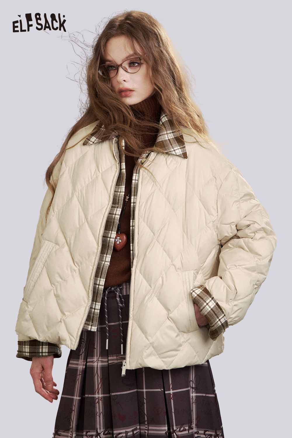 ELFSACK women's plaid down jacket in beige with stylish quilted design and plaid collar