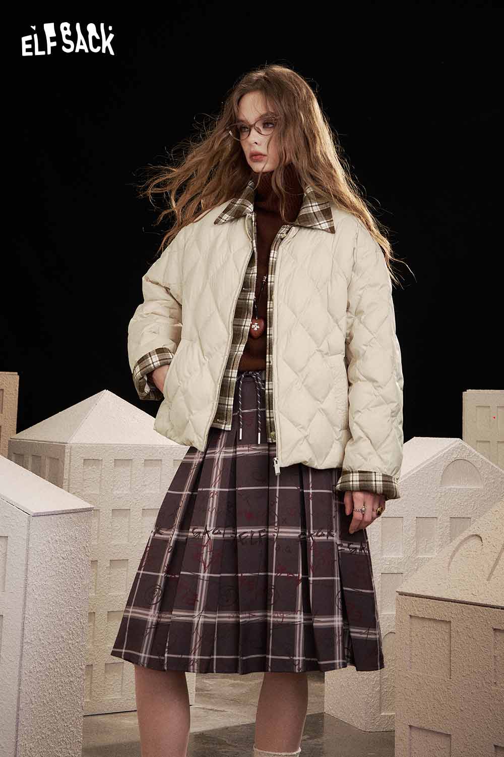 ELFSACK women's plaid down jacket in light beige, styled with a plaid skirt for a trendy winter look