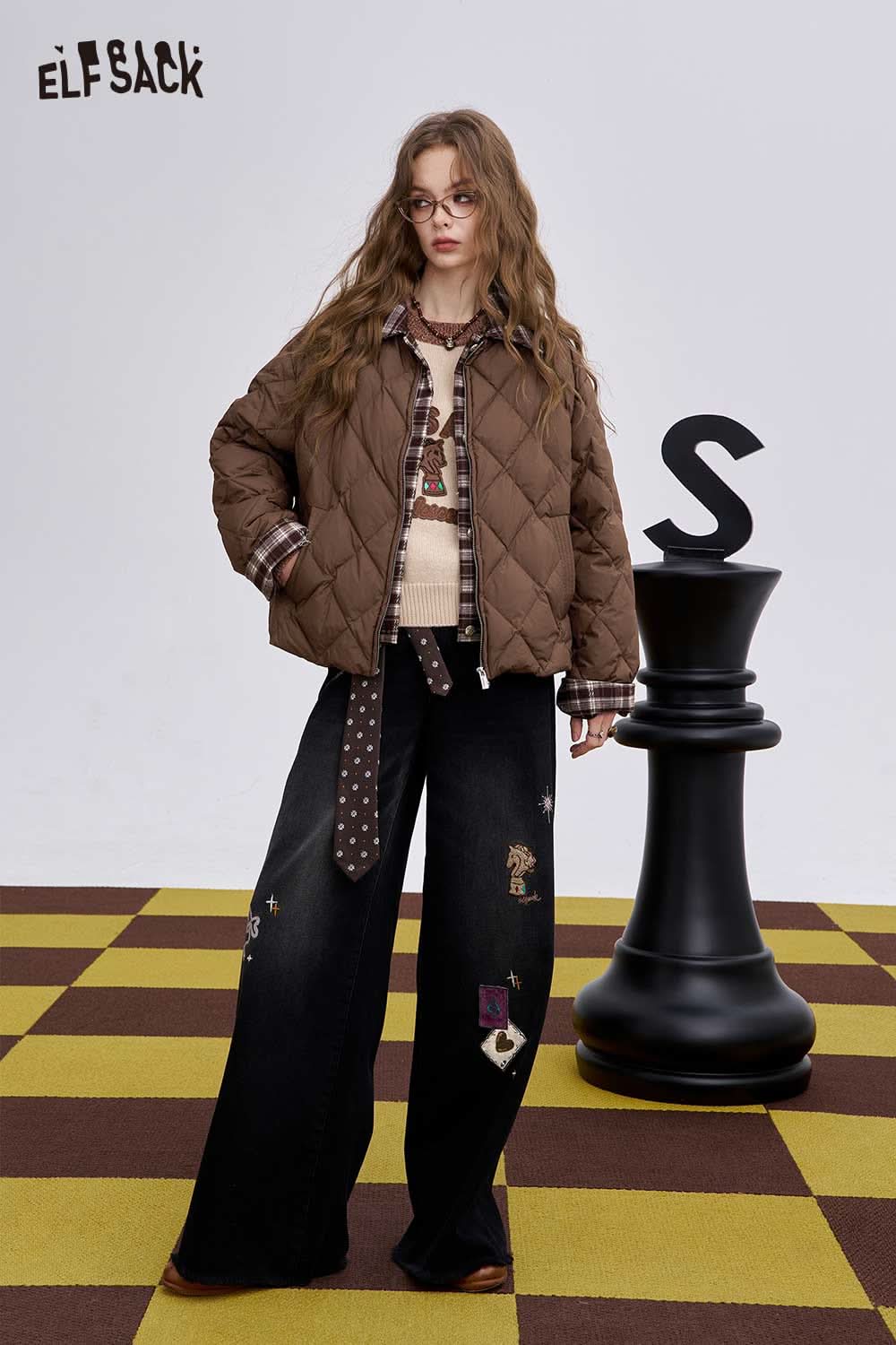 ELFSACK women's plaid down jacket, stylish brown quilted design, perfect for cold weather fashion