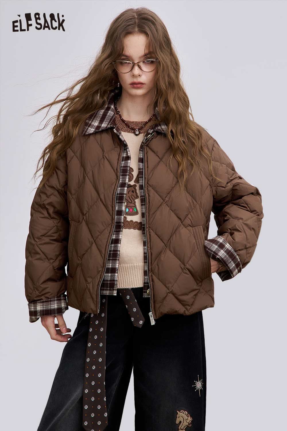 ELFSACK women's plaid down jacket in brown with a quilted design and stylish collar for a trendy look