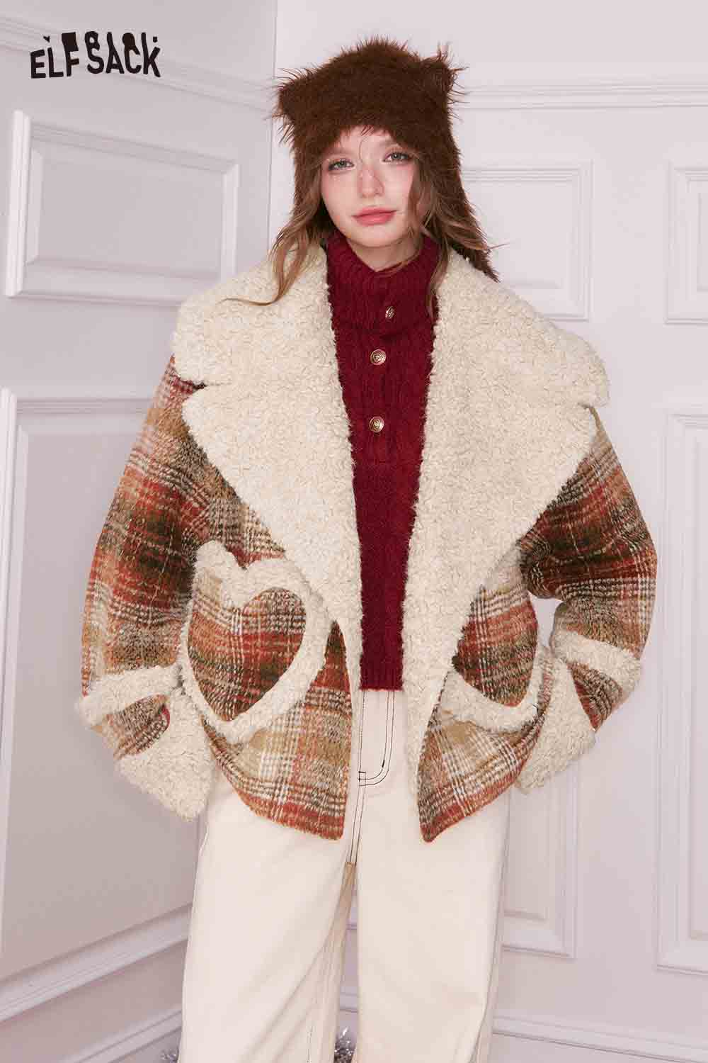 ELFSACK women's plaid faux wool jacket with cozy fleece lining and heart-shaped pockets