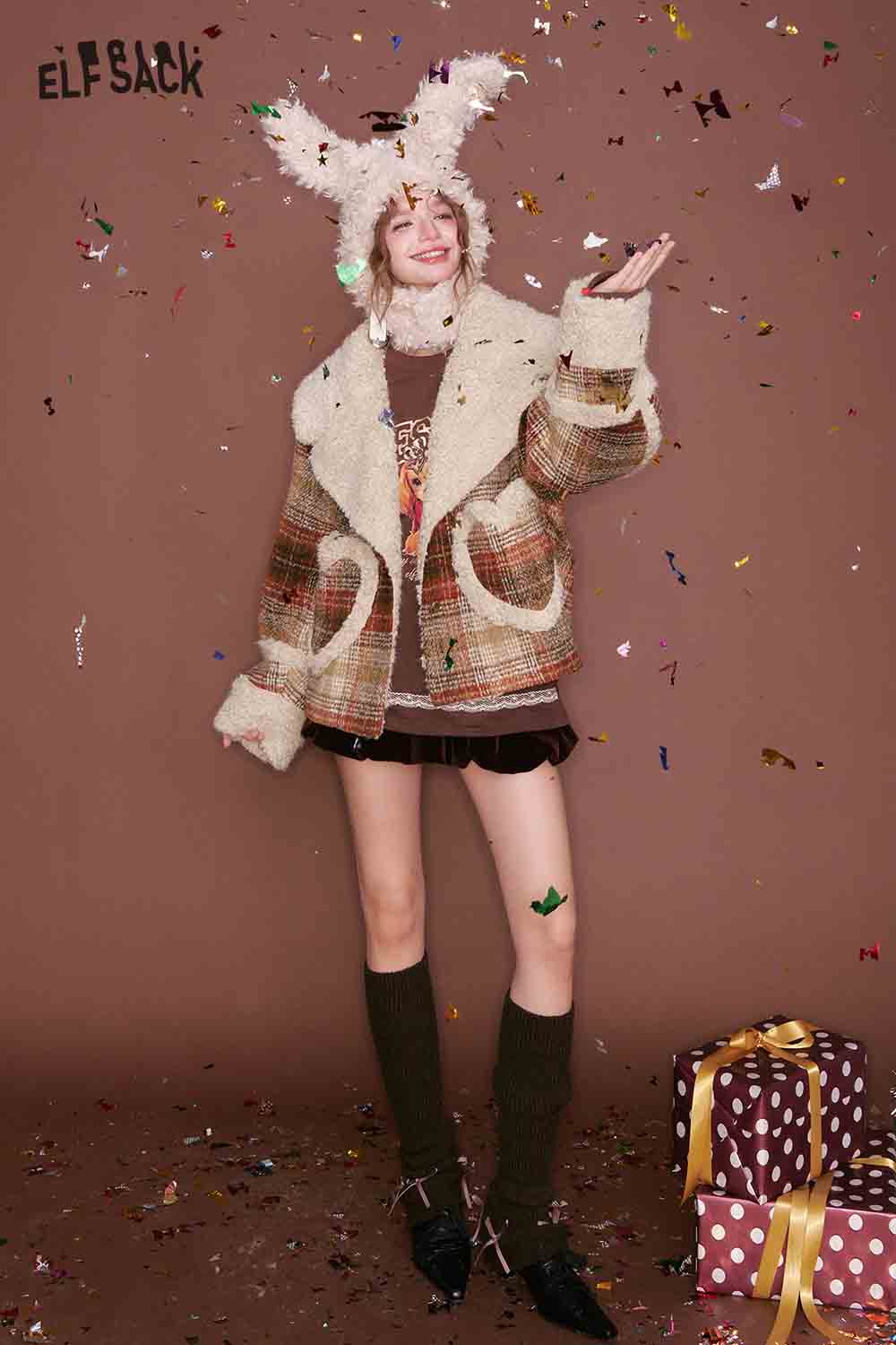 ELFSACK women's plaid faux wool jacket with a cozy oversized fit and stylish design for winter fashion