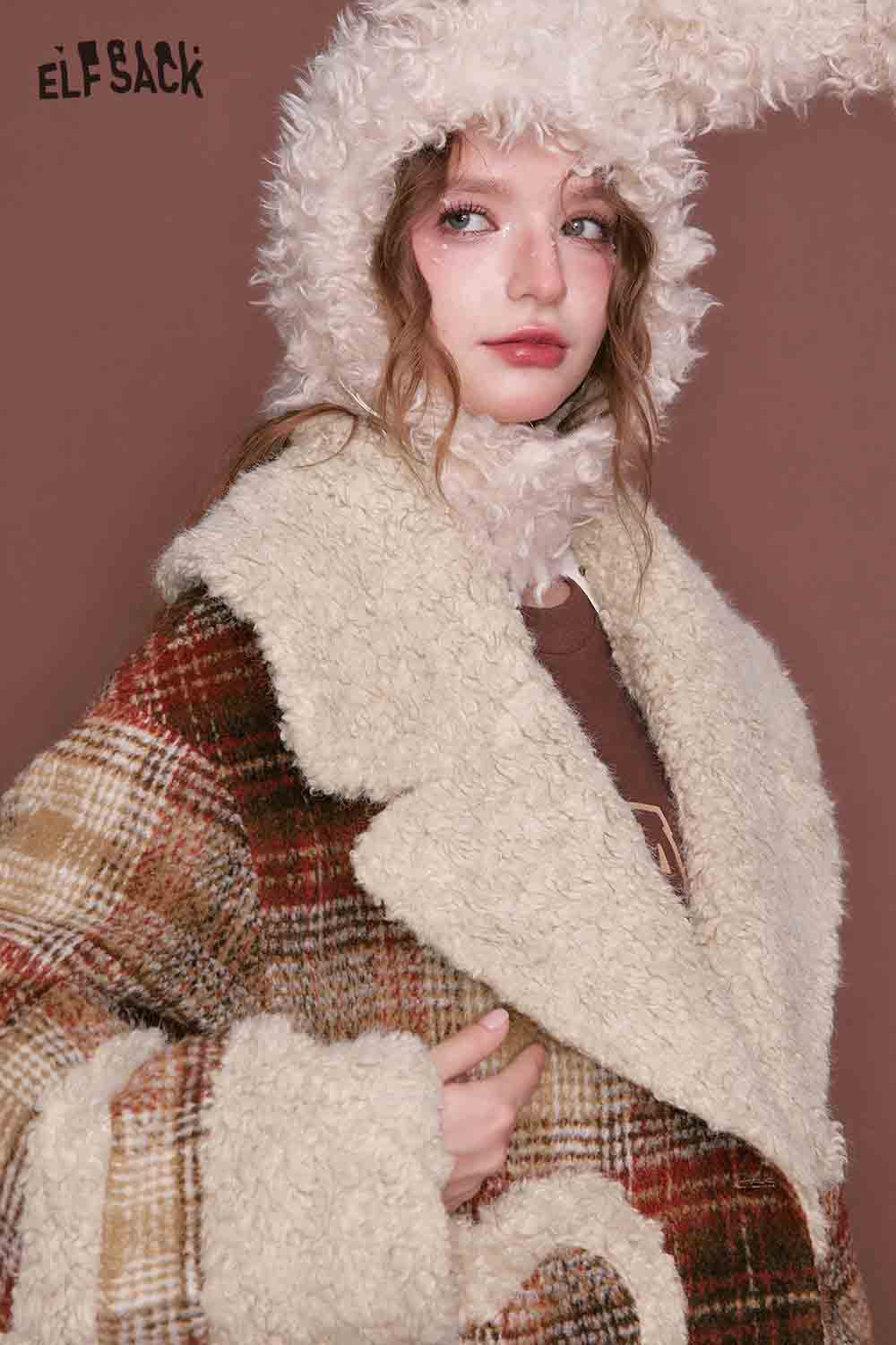 ELFSACK women's plaid faux wool jacket with cozy sherpa collar and soft fabric for stylish warmth