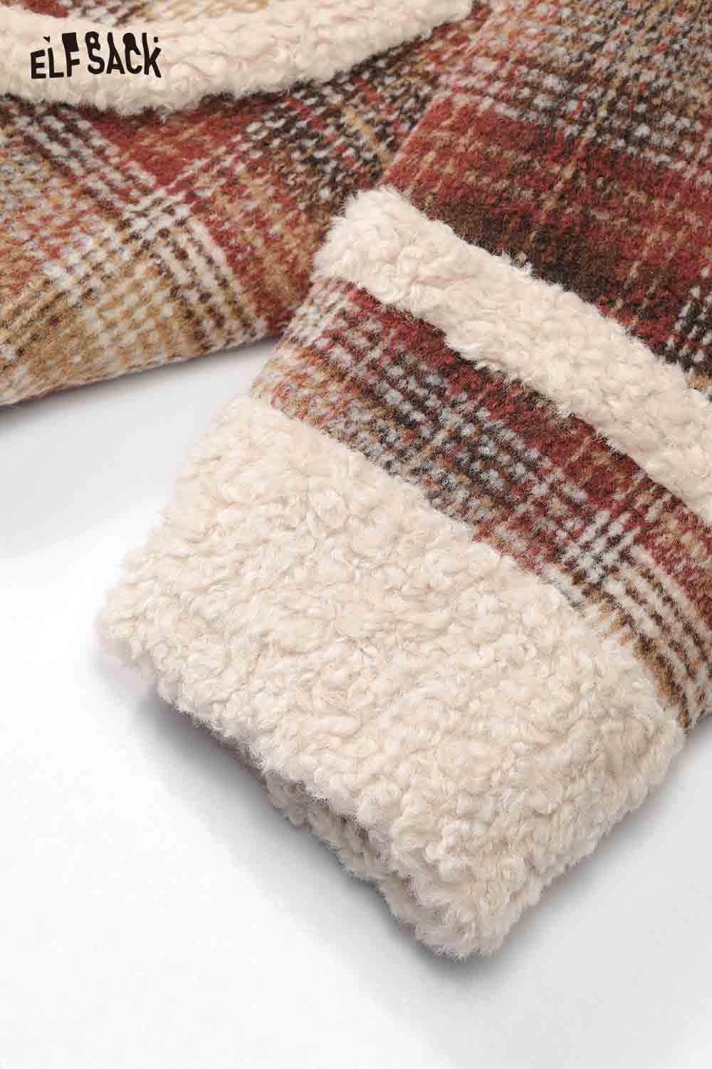 ELFSACK women's plaid faux wool jacket with cozy shearling cuffs for stylish warmth