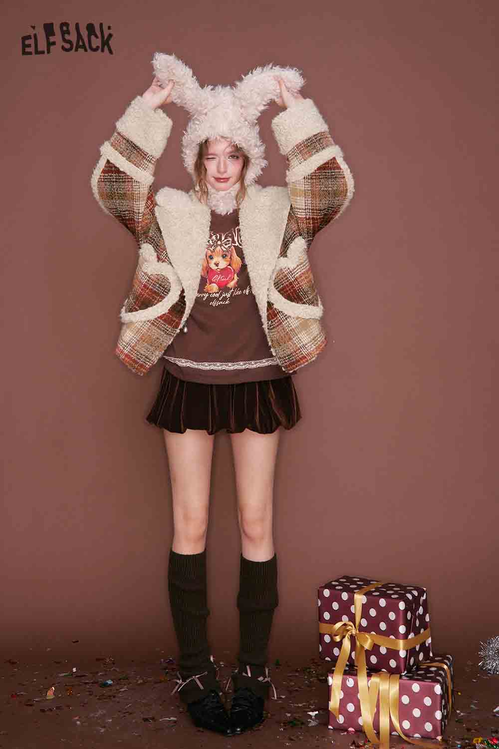 ELFSACK women's plaid faux wool jacket styled with a cute furry hat and skirt for a fashionable look