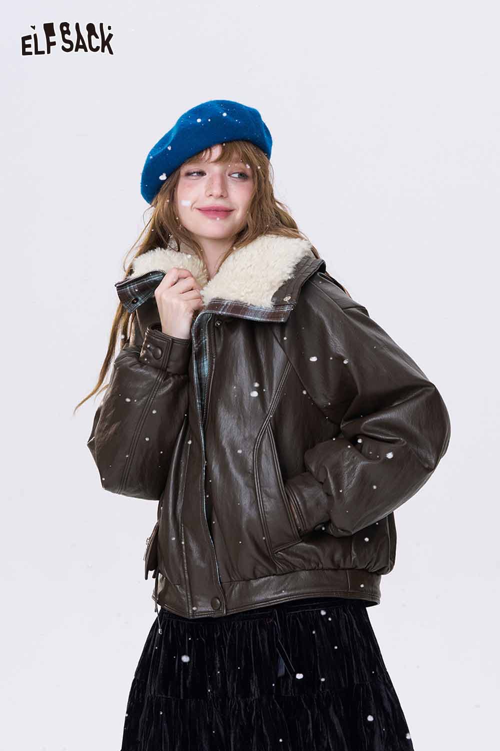 ELFSACK women's plaid leather jacket with cozy fur collar for stylish winter wear