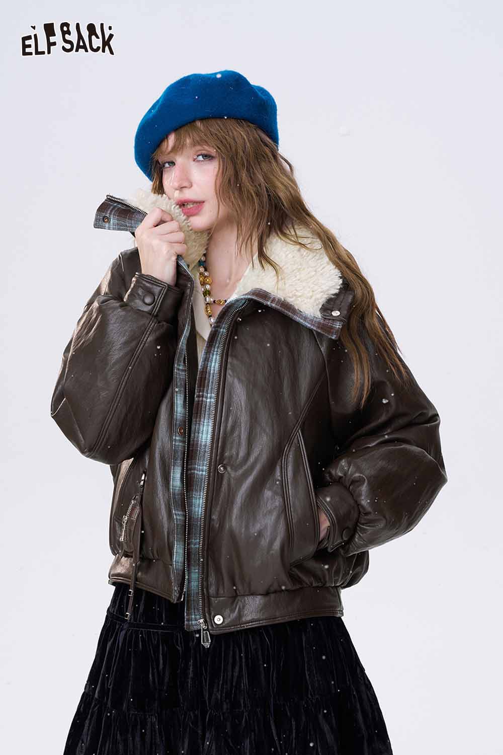 ELFSACK women's plaid leather jacket with cozy shearling collar and oversized fit for winter style