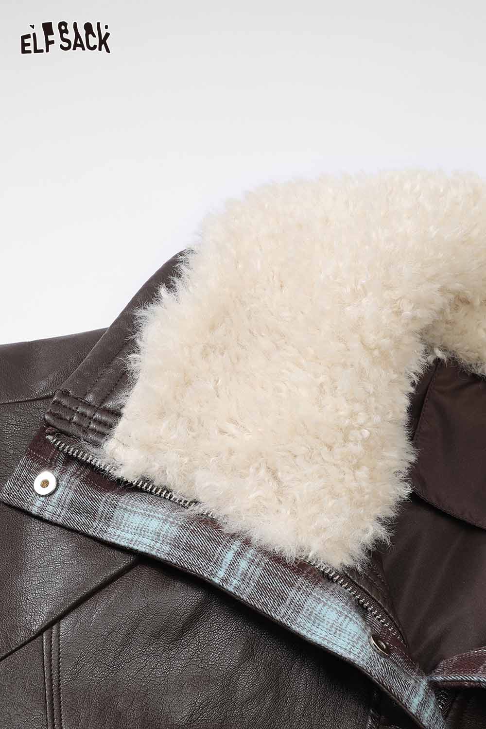 ELFSACK women's plaid leather jacket with cozy faux fur collar for stylish warmth