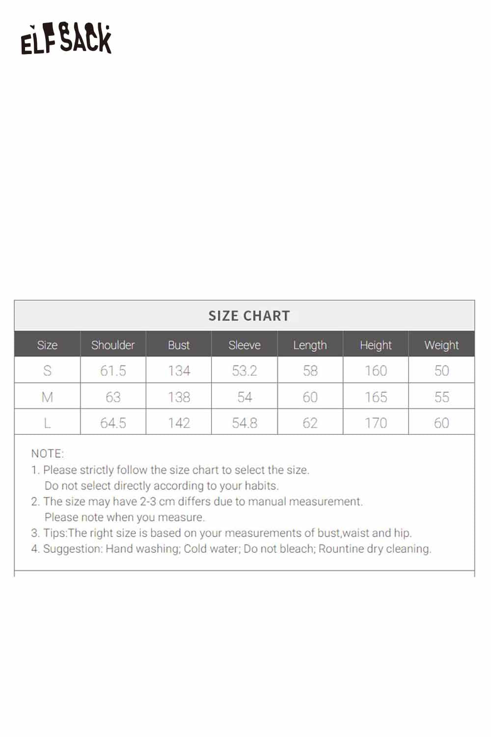 Size chart for ELFSACK women's plaid leather jacket with measurements for S, M, and L sizes
