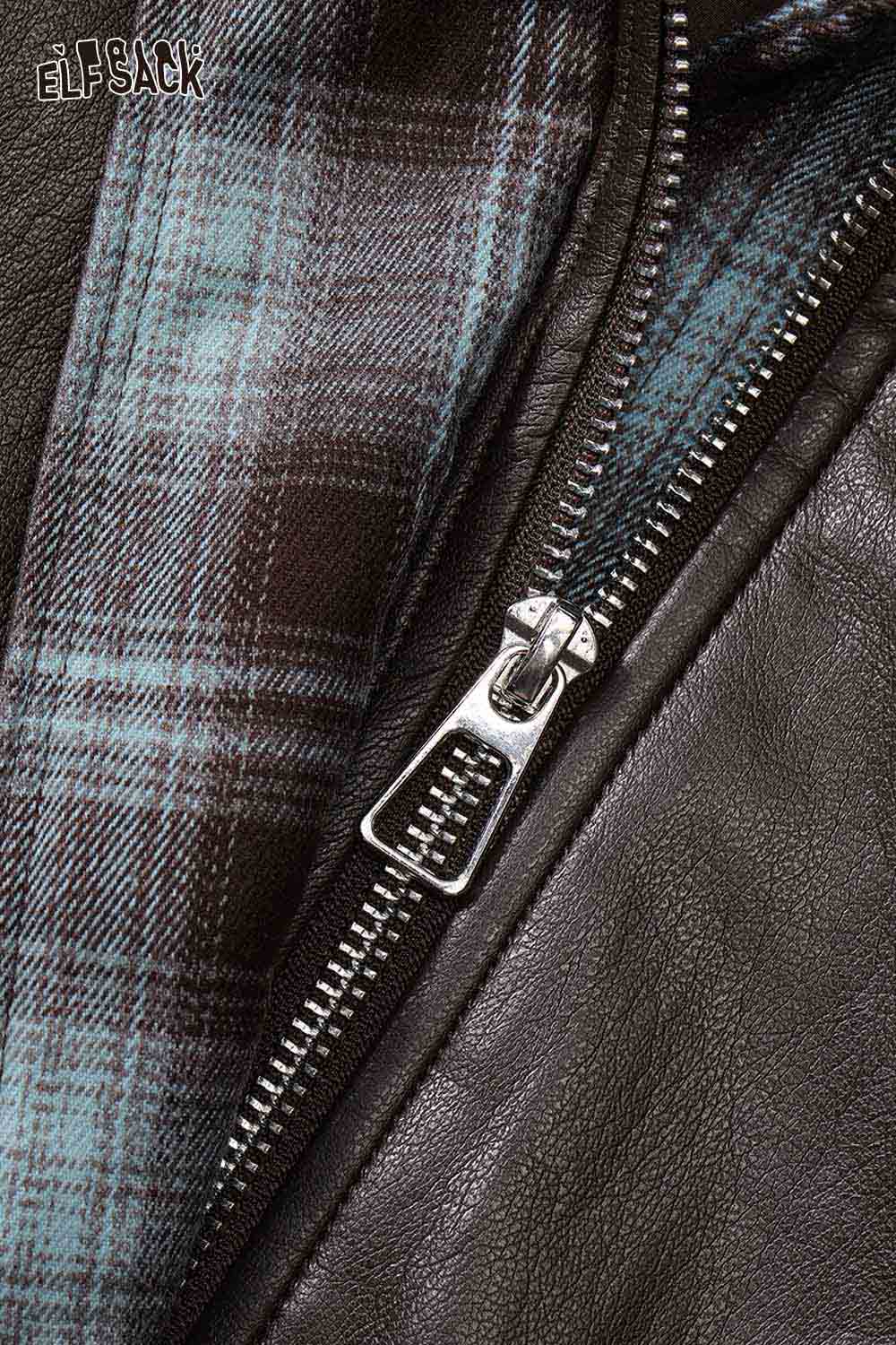 Close-up of ELFSACK women's plaid leather jacket featuring a detailed zipper and interior plaid lining